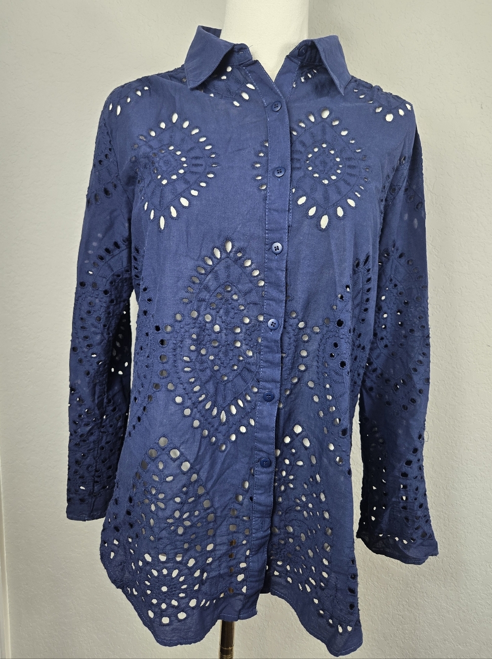 Adiva Navy Eyelet Button Down Shirt Cotton Boho Cottagecore Beach Cover Up M - Picture 3 of 13
